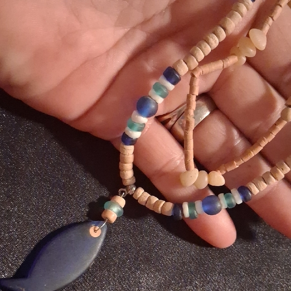 Wooden & Sea Glass Beaded Necklaces with Sea Glass Fish Pendant. 18 & 20 In Long - Picture 5 of 6